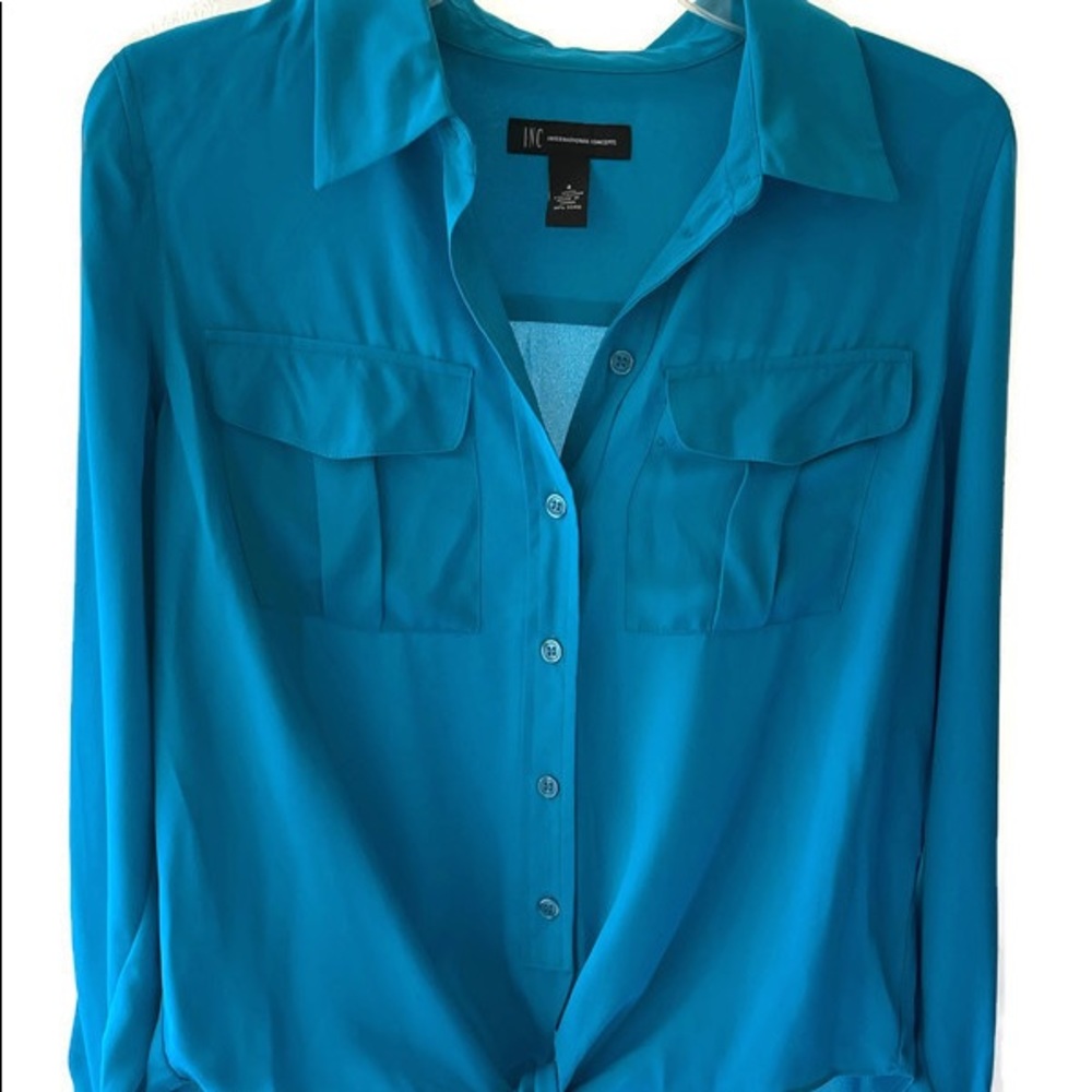 INC long sleeve sheer button down blouse